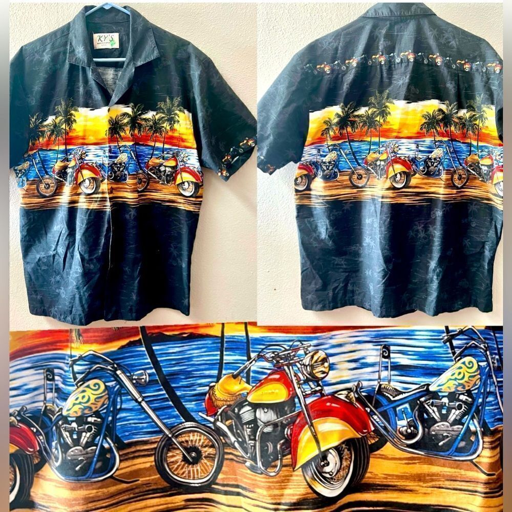 KY'S Made In Hawaii Mens Motorcycle Surf Graphic Button Down Shirt Size L*